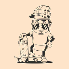 Vector art of a cool cartoon character with sunglasses and a cap, skateboarding with style and attitude, embodying urban culture and a hiphop aesthetic