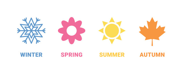 four seasons icons, signs, symbols, winter spring summer autumn, snowflake, flower, sun, fall leaf, vector illustration