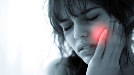 A young woman holding her cheek in pain,  on blurred background