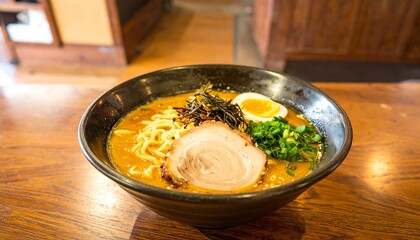 Bowl of ramen on a wooden table
