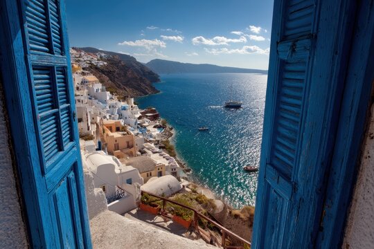 Beach Through Window. Santorini Hillside View of Sea and White Oia Village in Summer
