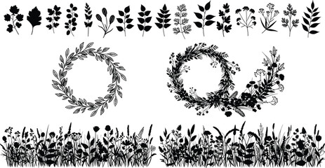 Black botanical silhouette vector set with floral wreaths, meadow grass, wildflowers, decorative plants, nature elements for design and illustration