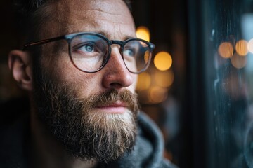 Bearded Man Looking Out Window. Handsome Young Caucasian Guy with Glasses at Cafe Window