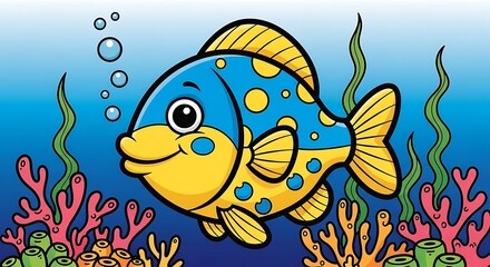 Naklejka premium Colorful Cartoon Fish Swimming in Coral Reef Underwater Scene for Children's Illustration