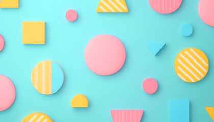 Colorful geometric shapes on vibrant blue background create playful and modern abstract pattern