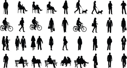Black people silhouette vector set with diverse human poses, walking, cycling, sitting, standing, daily activities, business, and lifestyle scenes
