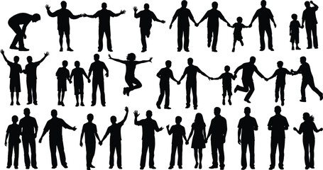 Black silhouette adults and children in various family activities, walking, playing, and interacting together isolated on white background illustration