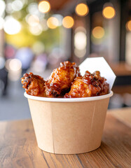 Deep fried chicken wings and drummets coated with hot and spicy  sauce in a take away container. 