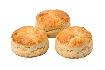 Three golden brown biscuits isolated on transparent background