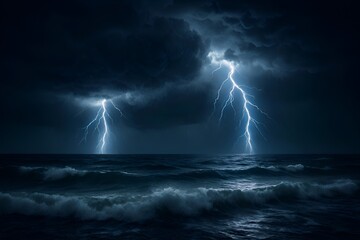 Dramatic thunderstorm over ocean horizon with lightning illuminating dark storm clouds, heavy rain streaks, and turbulent crashing waves under electric atmospheric light