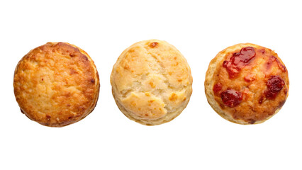 Three assorted scones isolated on transparent background