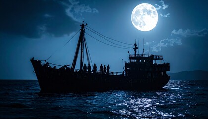 Obraz premium Silhouette of a fishing boat on the sea under a full moon at night with people on deck