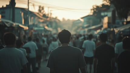 Woman walking down busy street at sunset. Realistic video of the event in songkhla thailand. A field with a shallow depth of 16:9. A lady strolling along a crowded street during lifestyle sunset.