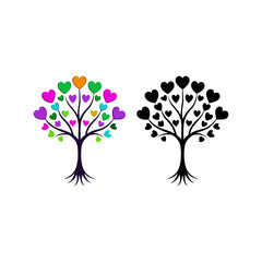 Vector art of tree with heart shape leaves and black silhouette