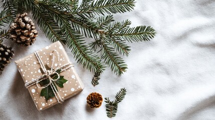 A beautifully wrapped gift box surrounded by pine branches and cones on soft fabric, perfect for holiday celebrations.