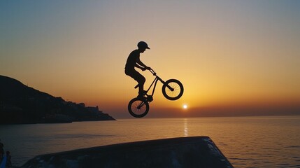 Obraz premium Man on a bike at sunset. A video of a realistic bmx bike in russia. Twilight festival in the extreme depths of the crimea. A cyclist lifestyle during sunset.