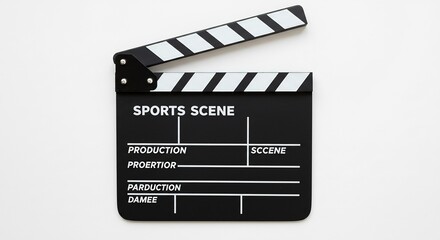 Fototapeta premium 白背景 スポーツシーン撮影 クラッパーボード 静止画 鮮明 (Shirohaikei supootsu shiin satsuei kurappaabo-do seishiga senmei) Translation: White background sports scene filming clapperboard still image clear. AI Generated