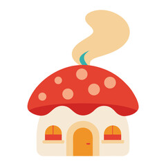 Vector art of cute cartoon mushroom house with smoke coming out of chimney