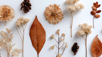 A collection of dried flowers and leaves arranged artfully on a light background, showcasing nature's muted tones.