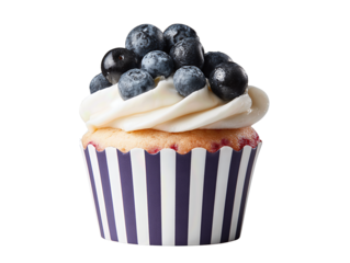 Frosted cupcake presented in striped cup liner, finished with blueberries as garnish, isolated on transparent background.
