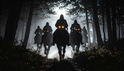 Ominous spectral horsemen of a dark fantasy legend riding through an enchanted moonlit forest at night