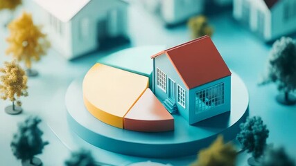 Miniature house resting on colorful pie chart symbolizing real estate market share - Powered by Adobe