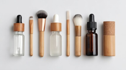 Obraz premium A flat lay of eco-friendly beauty products and brushes arranged neatly on a white background.