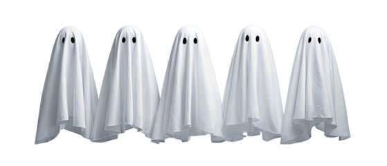 Whimsical lineup of sheet ghosts with draped cloth and round eye cutouts, balanced spacing, isolated on transparent background.
