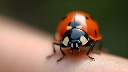 Naklejka premium Ladybug perched on a person’s finger in close up macro view, showing red wings with black spots and insect anatomy in an outdoor natural wildlife environment