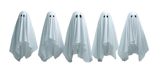 Row of playful sheet-ghost figures with cutout eyes and varied drapes, evenly spaced, isolated on transparent background.
