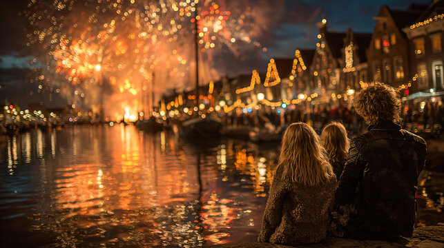 Group of friends gazing up at a spectacular fireworks display over Leiden’s historic canals, faces glowing with excitement and wonder, reflections of fireworks in their eyes