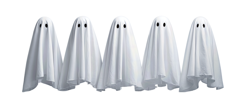 Whimsical lineup of sheet ghosts with draped cloth and round eye cutouts, balanced spacing, isolated on transparent background.
