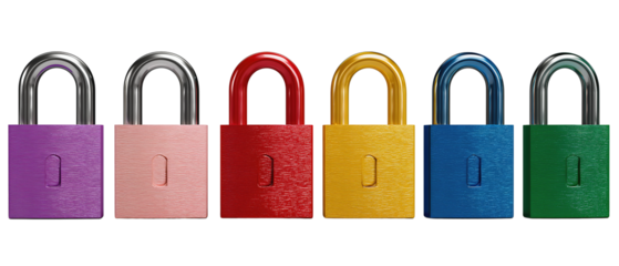 Padlock status lineup with color-coded icons for locked, open and alert, isolated on transparent background.
