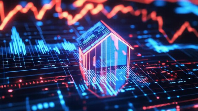 Glowing house icon representing real estate market trends on circuit board