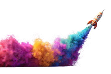 Small rocket blasting off with colorful paint plumes in a sharp diagonal ascent, isolated on transparent background.
