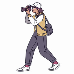 Person Wearing Cap and Vest Walking While Holding Camera On White Background Keywords: person, photographer, camera, cap, vest, walking, carrying, bag, casual, clothing, full body, illustration
