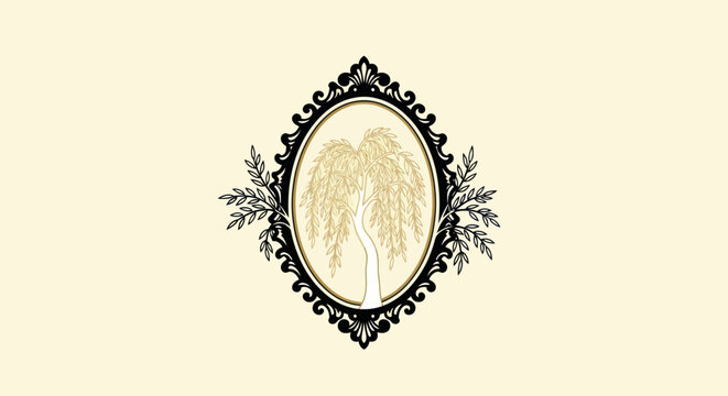 willow tree in ornate frame, black and gold clip art preview