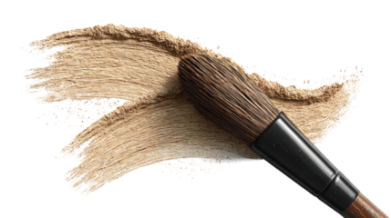 Cosmetic kabuki brush creating an elegant arc of beige makeup stroke, angled composition, isolated on transparent background.
