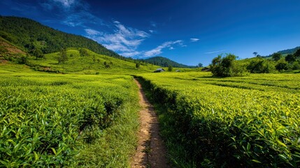 Obraz premium A serene pathway through vibrant green fields under a stunning blue sky, perfect for nature lovers and outdoor enthusiasts.