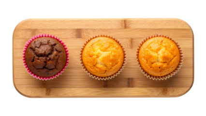 Three cupcakes, one chocolate and two vanilla, on a wooden board isolated on white isolated on transparent background