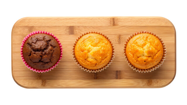Three cupcakes, one chocolate and two vanilla, on a wooden board isolated on white isolated on transparent background - Powered by Adobe