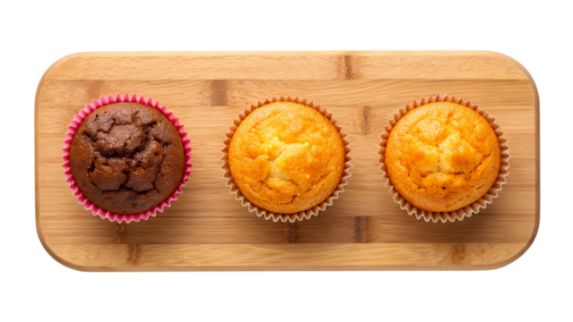 Three cupcakes, one chocolate and two vanilla, on a wooden board isolated on white isolated on transparent background