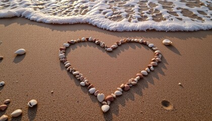 A sandy beach at golden hour where seashells and pebbles outline a giant heart drawn into the shore