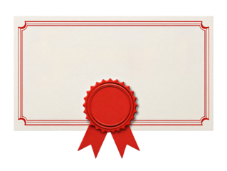 Compact certificate badge featuring ribbon emblem and framed typography, isolated on transparent background.
