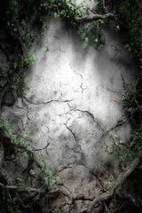 Naklejka premium Intricate vine-covered, cracked earth wall framed with moody green foliage, bathed in subtle light.