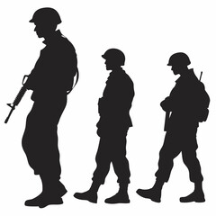 Three Silhouettes of Soldiers in Military Uniforms with Rifles on White Background army