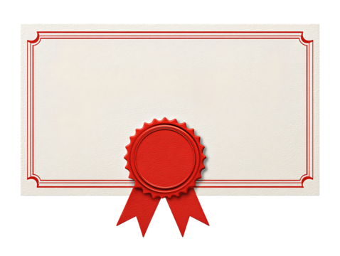Compact certificate badge featuring ribbon emblem and framed typography, isolated on transparent background.
