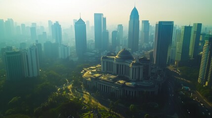 A city with tall buildings and trees. Aerial view of the parliament building in indonesian aerial view realistic dpr/mpr video. A field of skyscrapers with a 4k resolution of the lifestyle city.