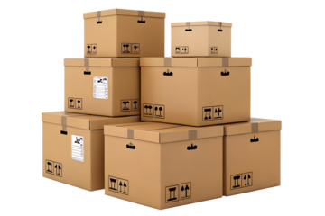 Stack of cardboard boxes isolated on transparent background. Brown shipping packages for delivery, storage, or moving.