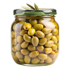 A glass jar filled with green olives, isolated on transparent background, showcasing the brined fruit .